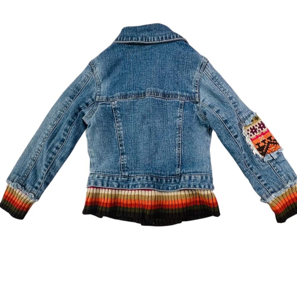 Mary Kate Ashley Girls 5 Denim Jean Jacket Y2K Boho Embroidered Flower Knit Trim - Picture 2 of 11